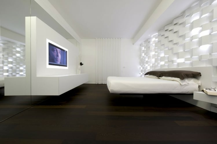 éclairage indirect -panneau-décoratif-mural-chambre-minimaliste-lit-suspendu-parquet