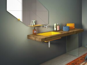 lavabo salle de bain STEEL-vasque-jaune-plan-bois-robinetterie-inox