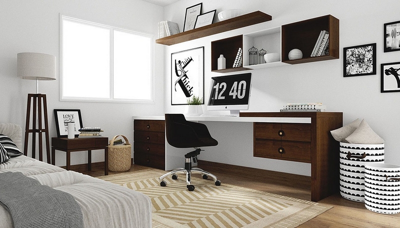 meubles bureau maison chic-blanc-bois-foncé-chambre-coucher-adulte