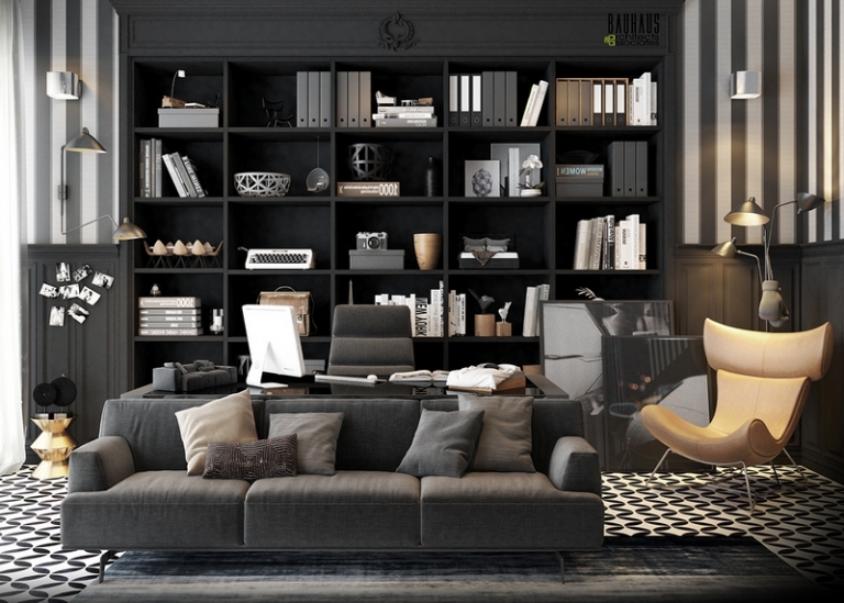 meubles bureau maison de luxe bibliothèque-anthracite-fauteuil-design