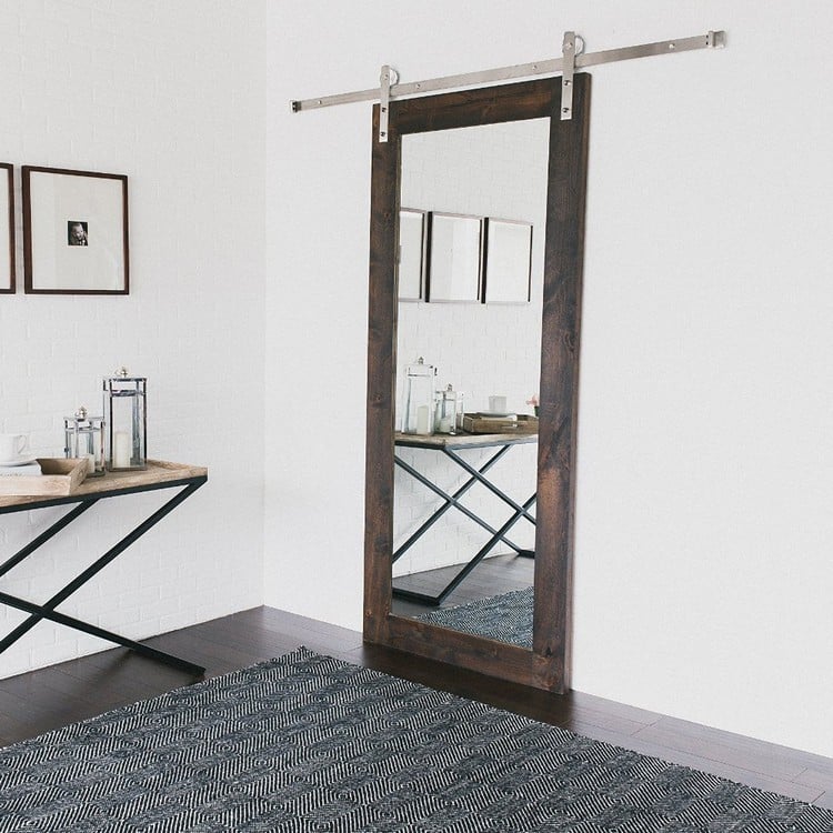 porte coulissante suspendue -style-rustique-bois-ancien-miroir