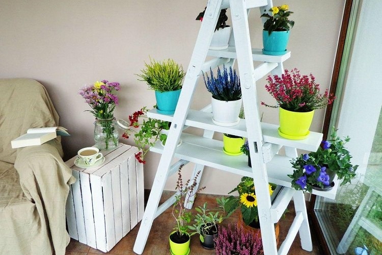 porte plantes -diy-échelle-blanche-planches-bois-différentes-tailles