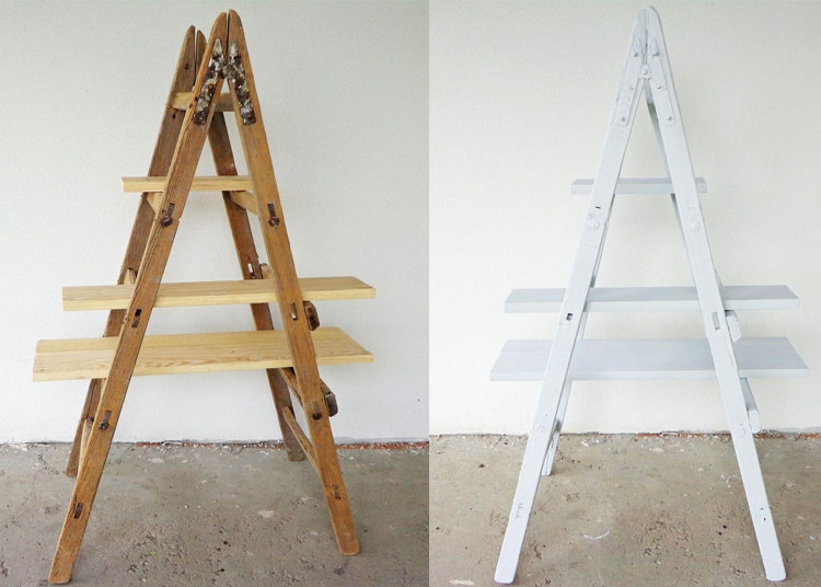 porte-plantes échelle doté de trois étagères en planches de bois, repeint en blanc porte plantes -faire-soi-même-échelle-bois-repeinte-blanc