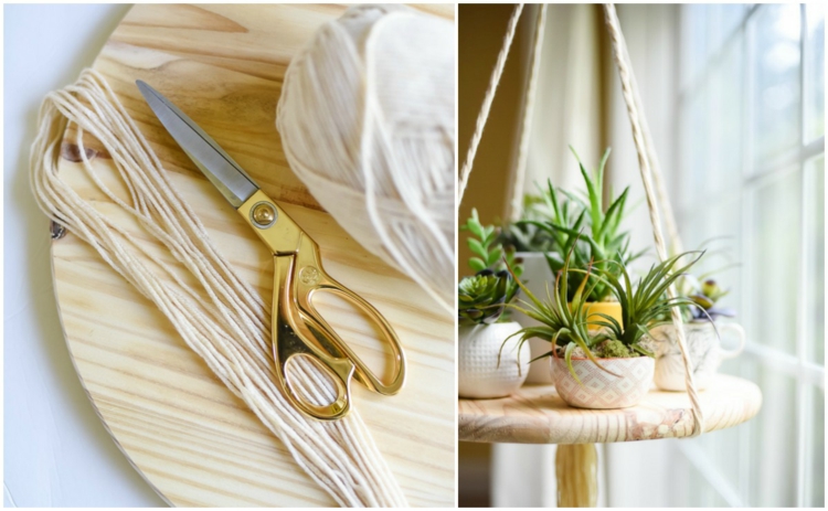 porte-plantes suspendu à fabriquer soi-même en planche de bois ronde et en corde torsadée porte plantes -suspendu-planche-bois-ronde-corde-torsadée