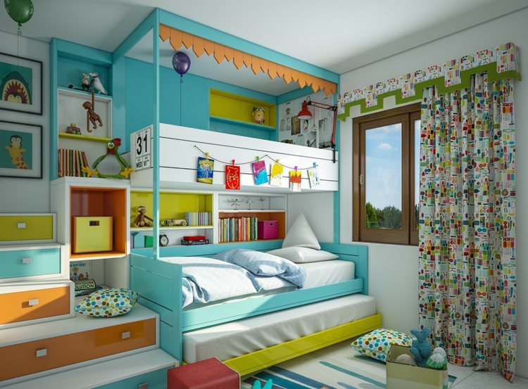 rideaux chambre enfant -bariolés-chambre-deux-enfants-lits-gigognes