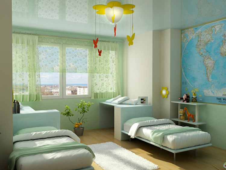rideaux chambre enfant -courts-semi-transparents-motifs-vert-pastel-chambre-deux-enfants