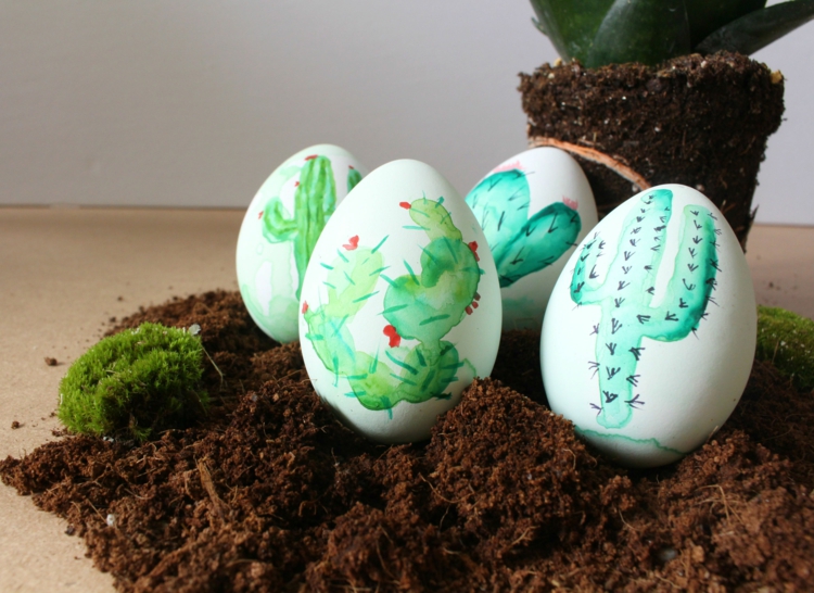 œufs de Pâques décorés -aquarelle-cactus-originaux-dessiner-aquarelle