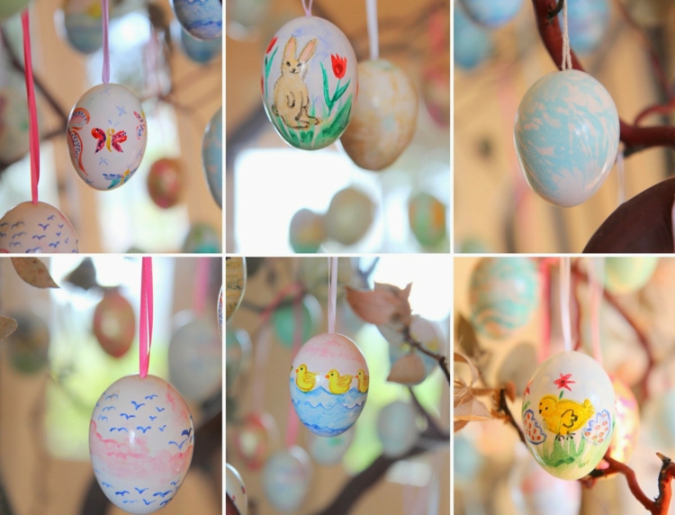 œufs de Pâques décorés -aquarelle-oeufs-vidés-suspendus-motifs-lapins-poussins