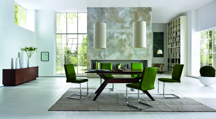 chaises de salle à manger métal-vert-pomme-tapis-table-bois