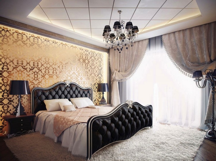 chambre-cosy-idées-aménagement-plafond-classique-lustre-romeo-lit-capitonné