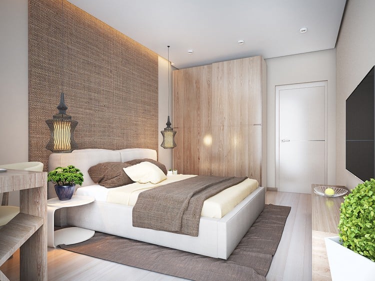 chambre-cosy-lit-blanc-tapis-marron-faux-plafond-moderne