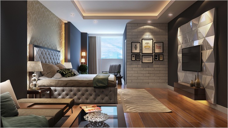 chambre cosy parement-mural-effet-brique-panneau-déceraitf-3d-lit-capitonné-gris