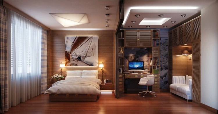 chambre cosy plafond-design-lambris-bois-lit-deux-places-parquet-massif