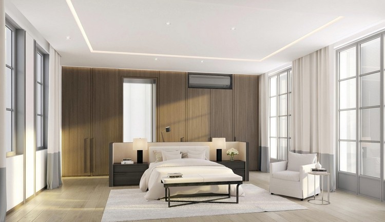 chambre-cosy-plafond-moderne-spots-led-tapis-rideaux-parquet