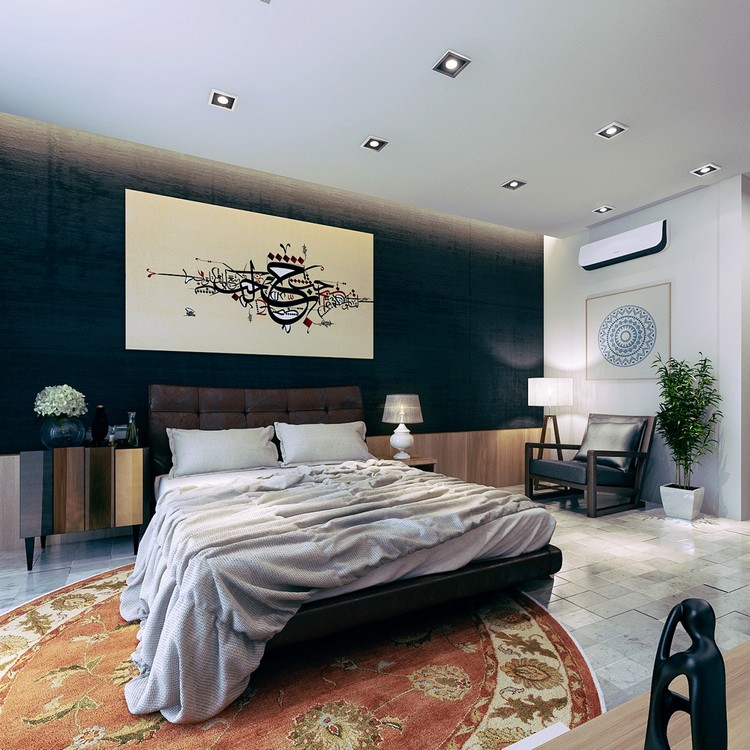 chambre-cosy-vintage-mir-noir-tableau-motif-oriental-tapis-mùotifs-floraux