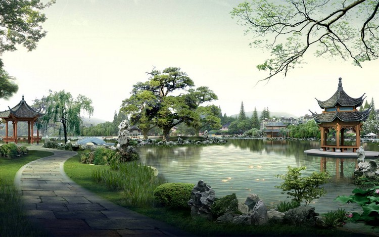 jardin-chinois-allée-adalles-pierres-végétation-arbre-géant