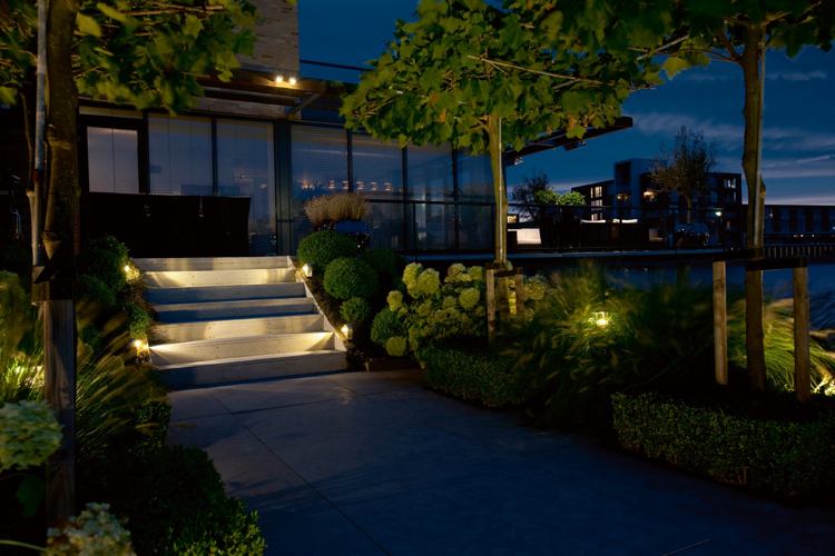 luminaires d’extérieur -balises-solaires-spots-orientables-buis-bordure-escalier-jardin-béton