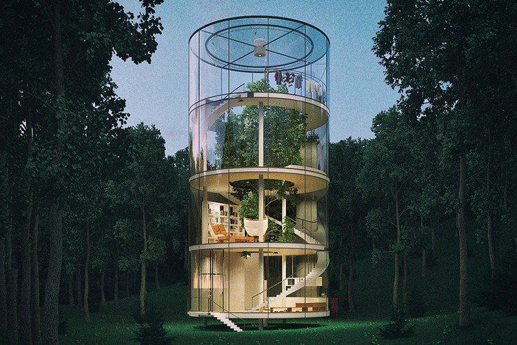 maison avec arbe façade-verre-escalier-colimaçon-forêt