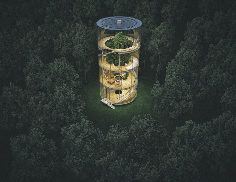 maison avec arbe façade-verre-milieu-forêt-russe