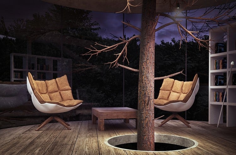maison avec arbe milieu-sol-bois-massif-fauteuils-design