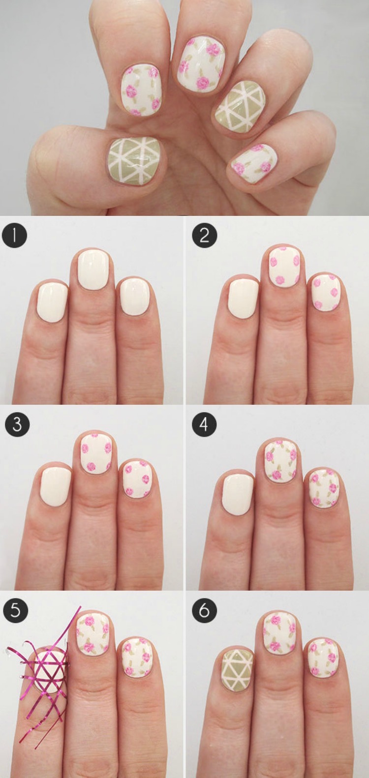manucure-rose-et-blanc-motifs-floraux-géométriques
