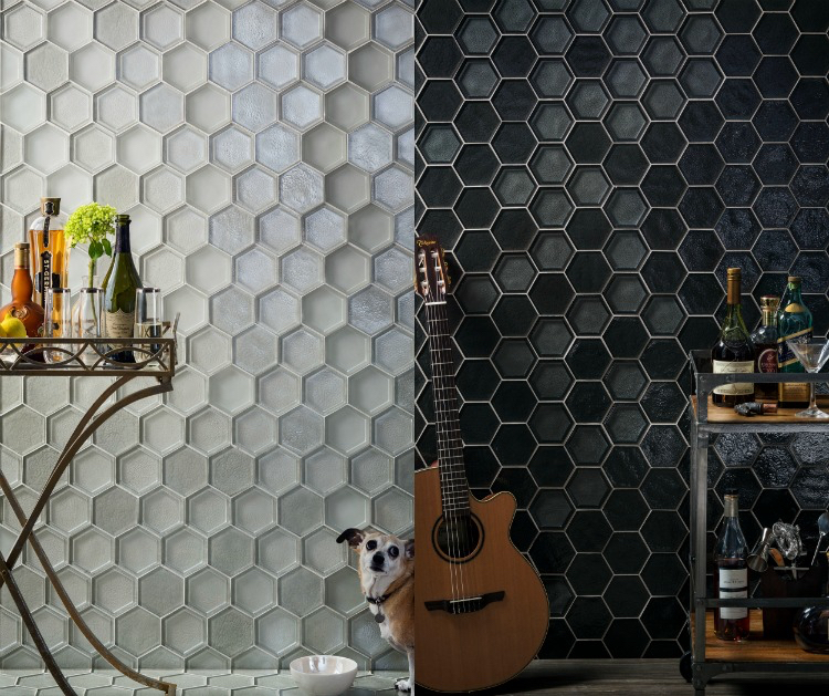 mosaïque de verre design-moderne-blanc-noir-tesselles-hexagonales