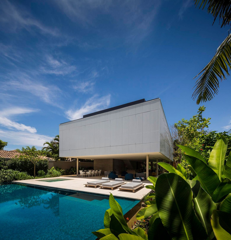 piscine à débordement -moderne-white-house-jardin-plantes-exotiques