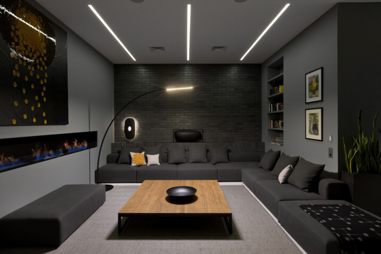 plafond LED luminaires-linéaires-encastrés-grand-canapé-angle-anthracite