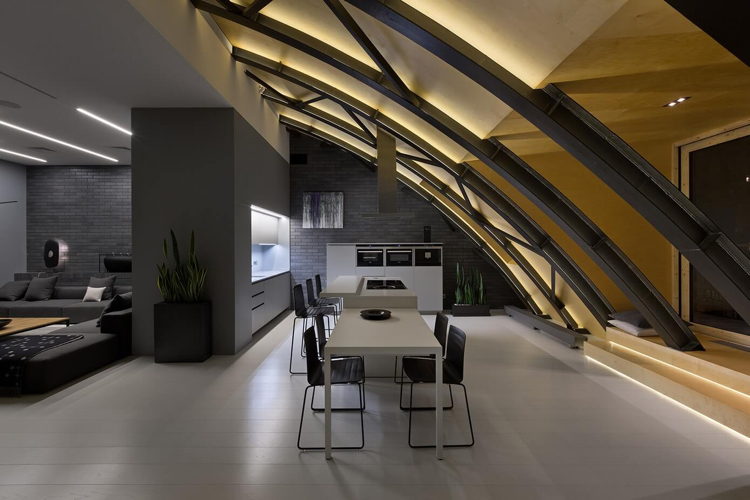 plafond LED toit-voûté-arcs-lumineuses-acier-décor-gris-anthracite