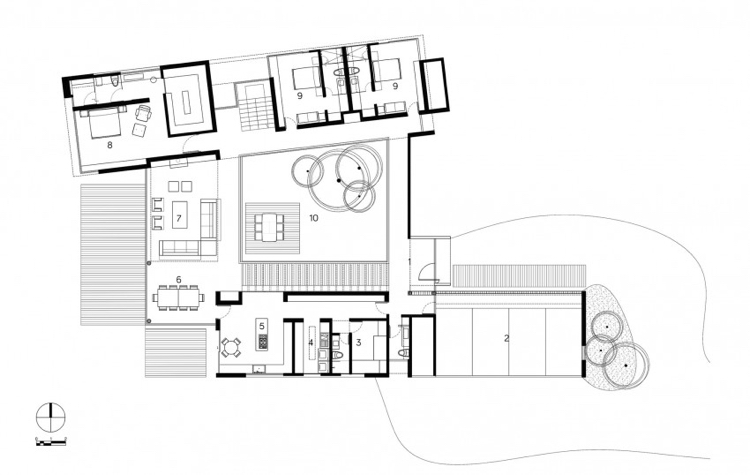 plan-architecte-maison-en-U-jardin-intérieur-entouré-baies-vitrées