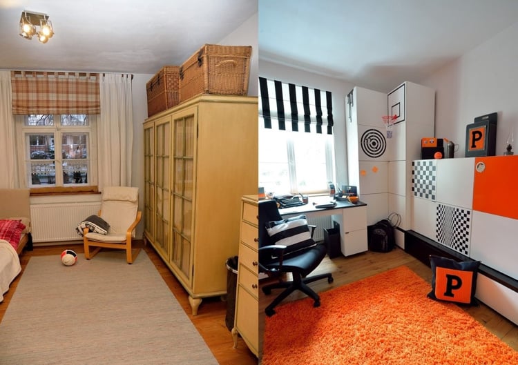 rénovation appartement -chambre-ado-tapis-orange-rangements-modernes