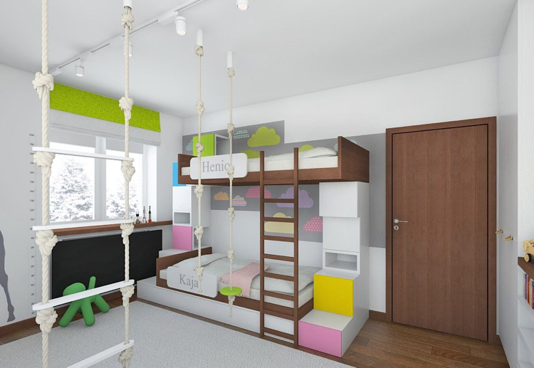 rénovation appartement -chambre-deux-enfants-lit-superposé-papier-peint