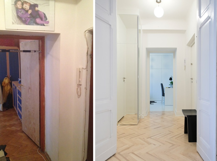 rénovation appartement -couloir-parquet-bois-banc-entrée-noir