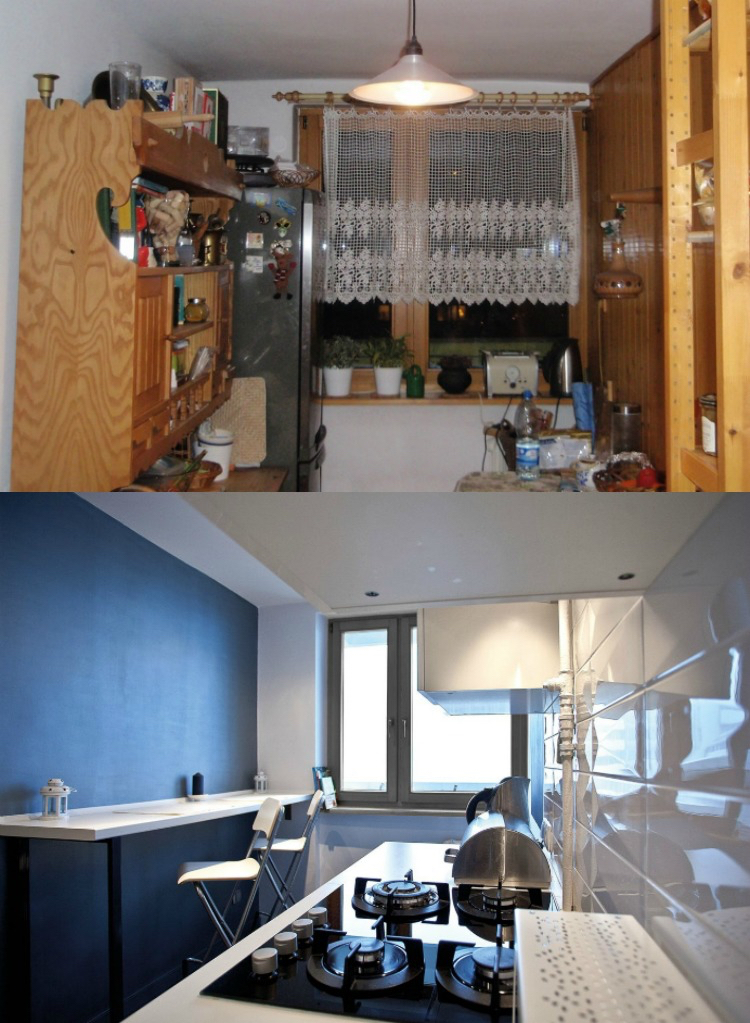 rénovation appartement -cuisine-longueur-peinture-bleue-bar-petit-déjeuner