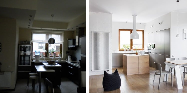 rénovation appartement -cuisine-minimaliste-blanche-îlot-bois