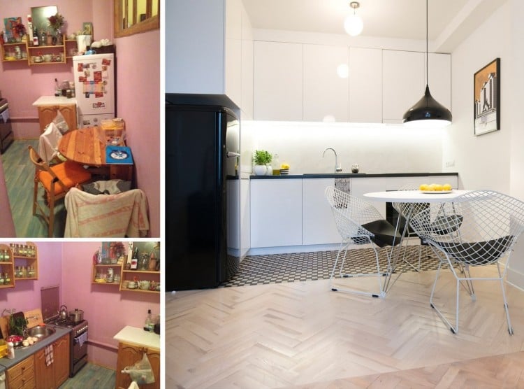 rénovation appartement -cuisine-minimaliste-noir-blanc-parquet