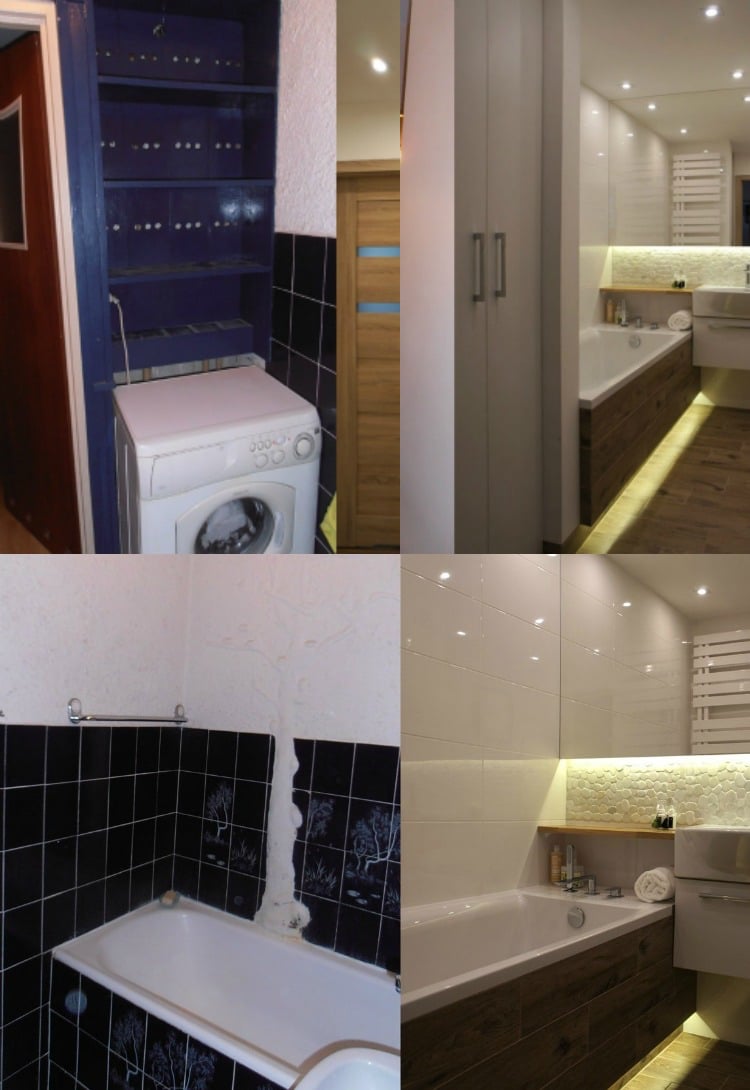 rénovation appartement -salle-bains-carrelage-bleu-baignoire-bois-éclairage-indirect
