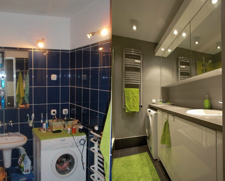 rénovation appartement -salle-bains-grise-accents-verts-machine-laver