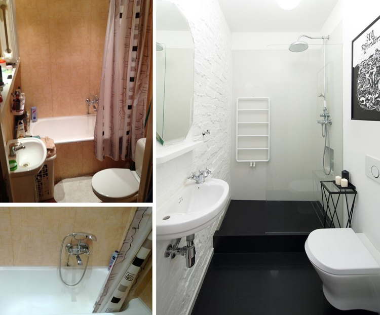 rénovation appartement -salle-bains-noir-blanc-moderne-brique-blanche