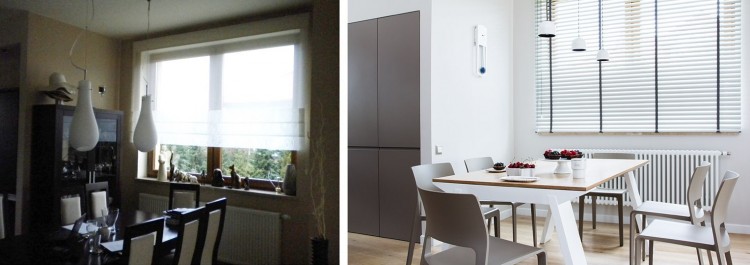 rénovation appartement -salle-manger-minimaliste-table-bois-blanc-stores