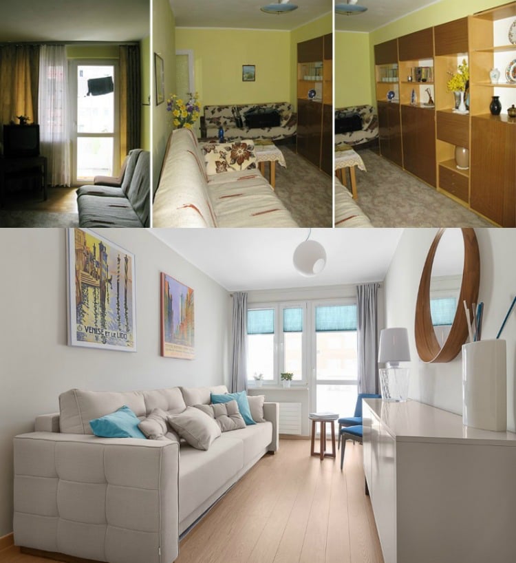 rénovation appartement -salon-canapé-gris-clair-accents-bleu-pastel