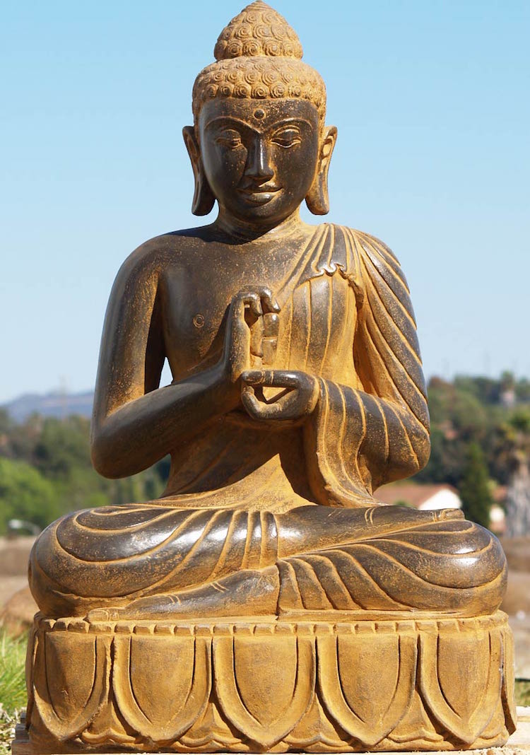 statue-jardin-zen-Bouddha-mudra-Dharma-chakra-Buddha-roue-loi