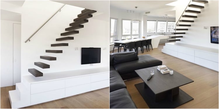 aménagement sous escalier -suspendu-moderne-meuble-tv-bas-blanc