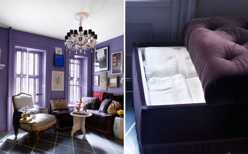 déco petit salon couleurs-foncées-peinture-violette-lustre-baroque