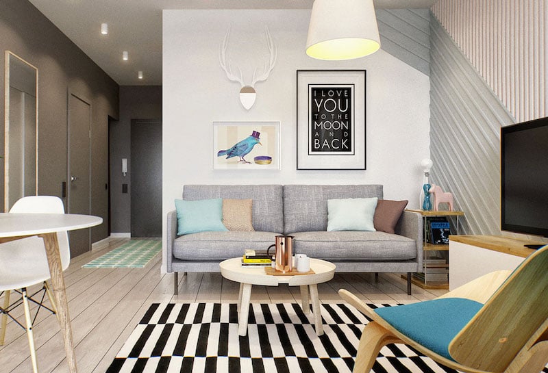 déco-petit-salon-scandinave-tapis-noir-blanc-meubles-bois-clair