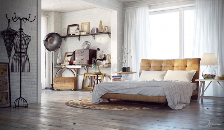 décoration industrielle -chambre-coucher-blanche-brique-parement-blanche-tête-lit-cuir-beige-étagères-bois-métal