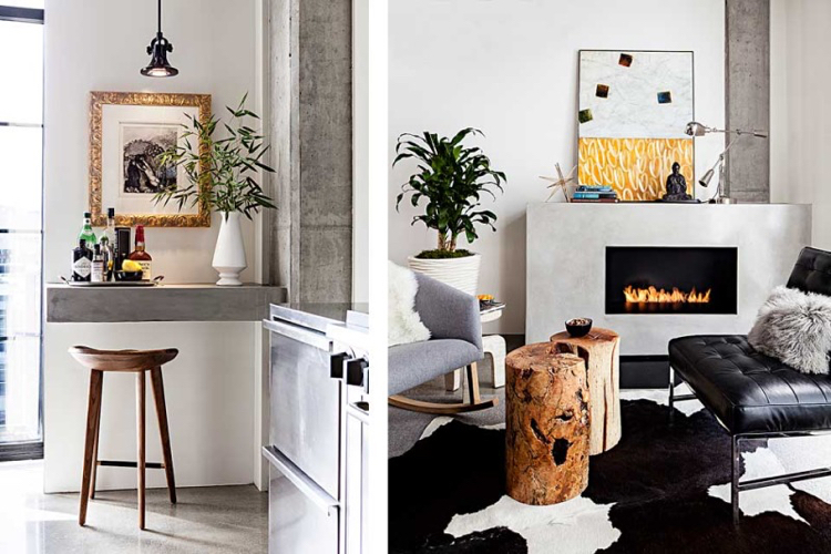décoration industrielle -moderne-tapis-peau-bête-noir-blanc-table-appoint-bois-brut-fauteuil-cuir