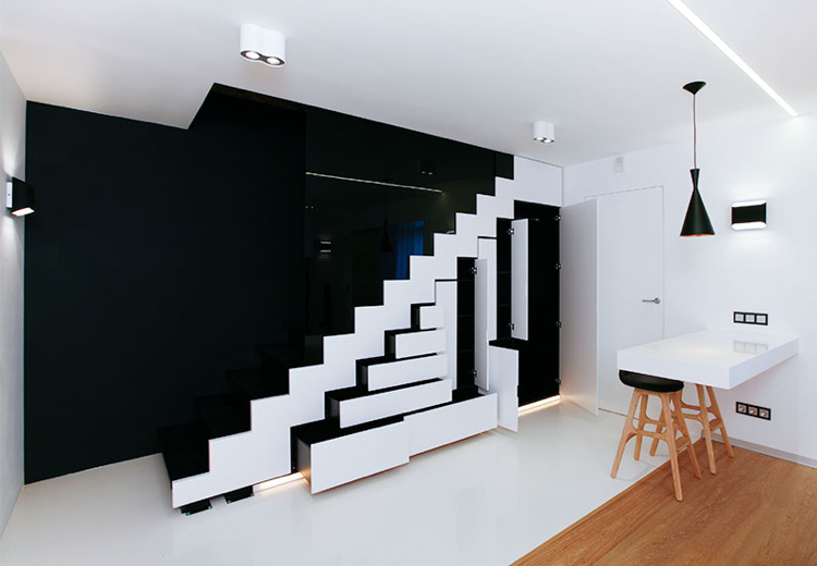 escalier gain de place -minimaliste-noir-blanc-rangements
