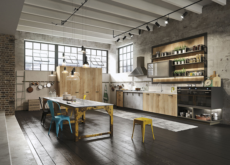 éclairage et meubles cuisine style industriel loft-béton-métal-bois-design-Snaidero