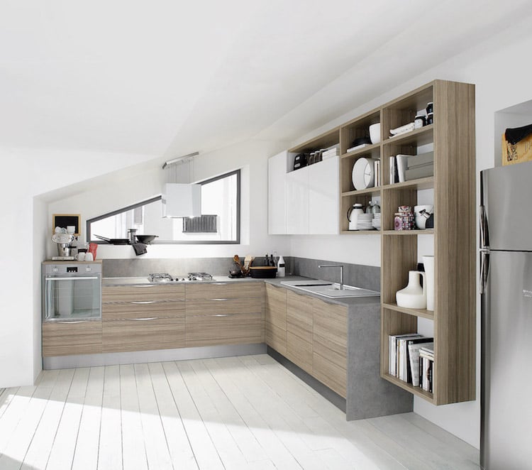 image-petite-cuisine-moderne-kitchenette-en-L-sous-combles-gris-blanc-bois